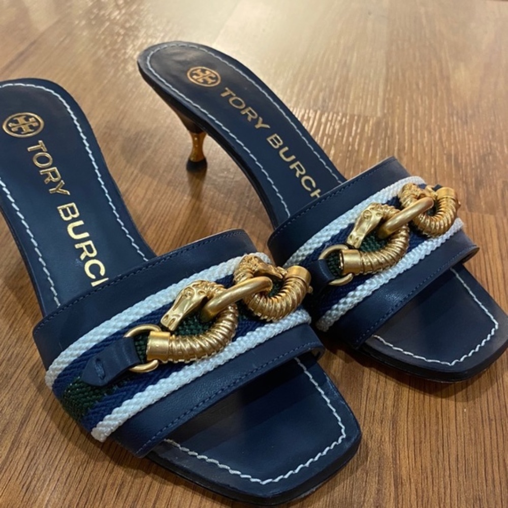 TORY BURCH JESSA GOLD KITTEN HEEL MULES---BARELY WORN